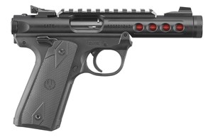 RUGER MKIV 22/45 BLACK AND USMC RED LITE, CASED WITH TWO MAGS, PIC RAIL, ADJUSTABLE SIGHTS, VOLQUARSTEN COMP