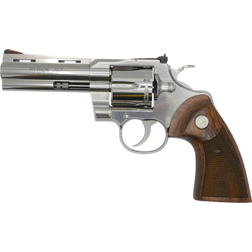 COLT PYTHON STAINLESS FINISH 357 MAG 4.25 INCH BARREL FACTORY CHECKERED TIMBER GRIPS – 6 SHOT