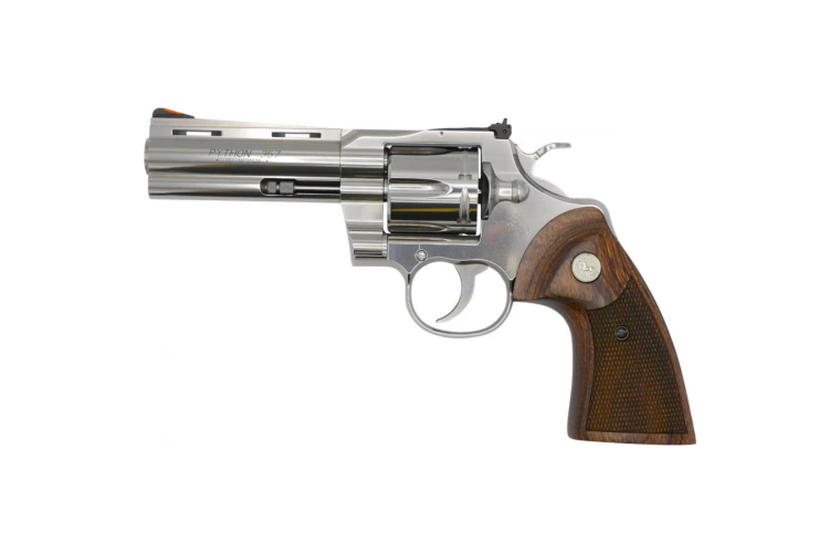 COLT PYTHON STAINLESS FINISH 357 MAG 4.25 INCH BARREL FACTORY CHECKERED TIMBER GRIPS – 6 SHOT
