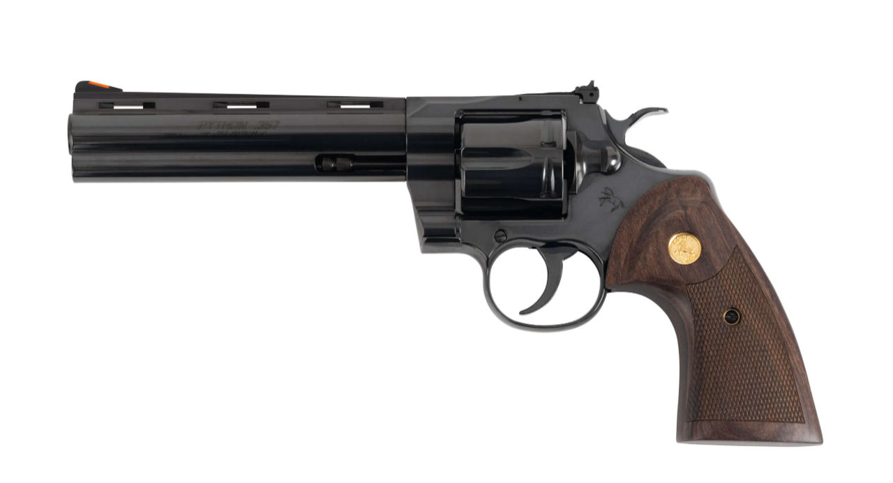 COLT PYTHON BLUED FINISH 357 MAG 6 INCH BARREL FACTORY CHECKERED TIMBER GRIPS6 SHOT