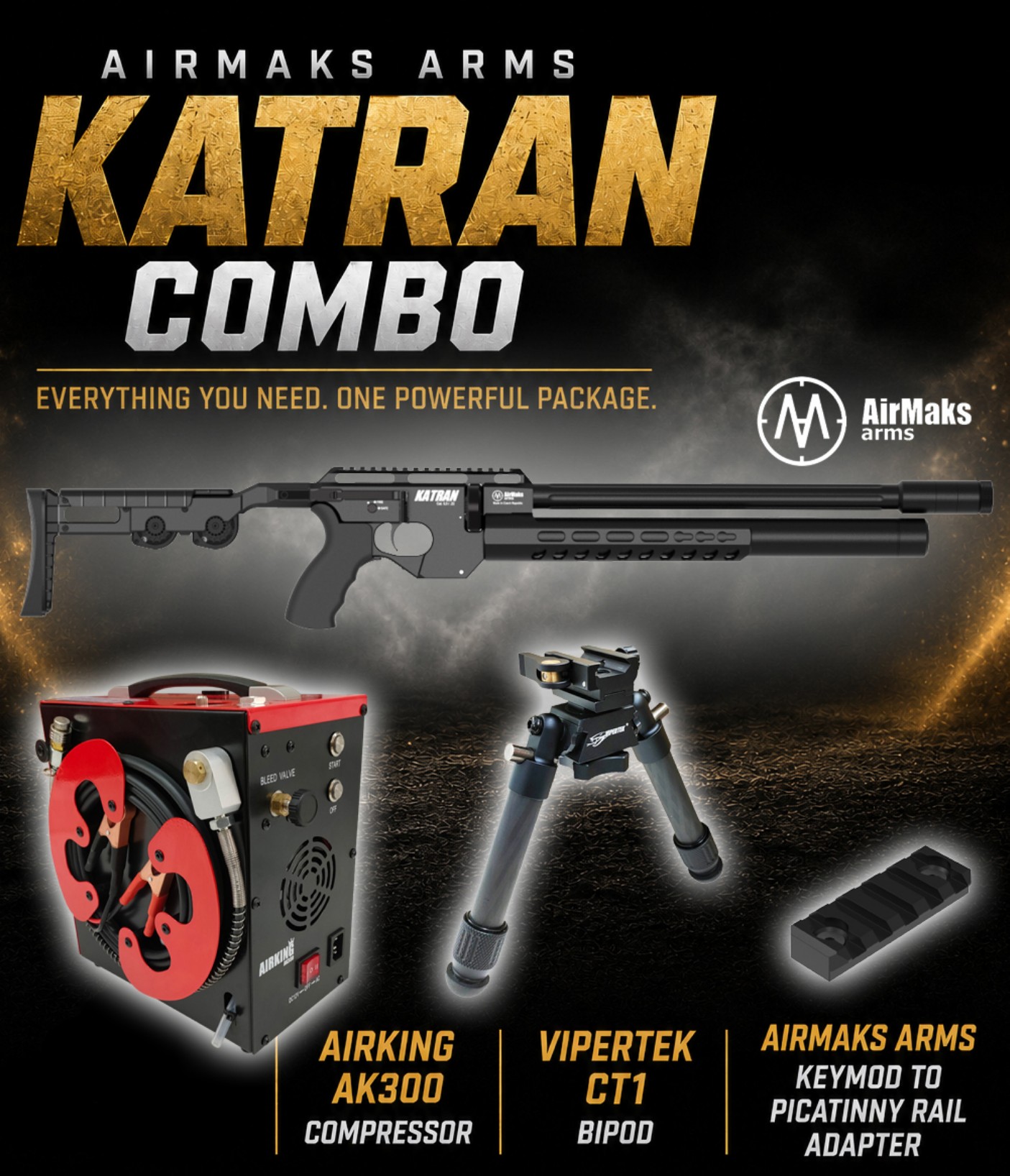 AIRMAKS ARMS KATRAN .22 CAL – COMPRESSOR – BIPOD – PICATINNY ADAPTOR – Combo Pack