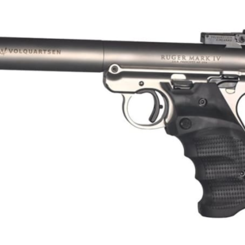 VOLQUARTSEN CLASSIC TARGET 22LR, 10 SHOT CASED 6 INCH MATCH BARREL THREADED MUZZLE MKIV PUSH BUTTON TAKE DOWN ASSEMBLY STAINLESS STEEL FINISH RIGHT HAND TARGET GRIP WITH EXTENDED MAG RELEASE