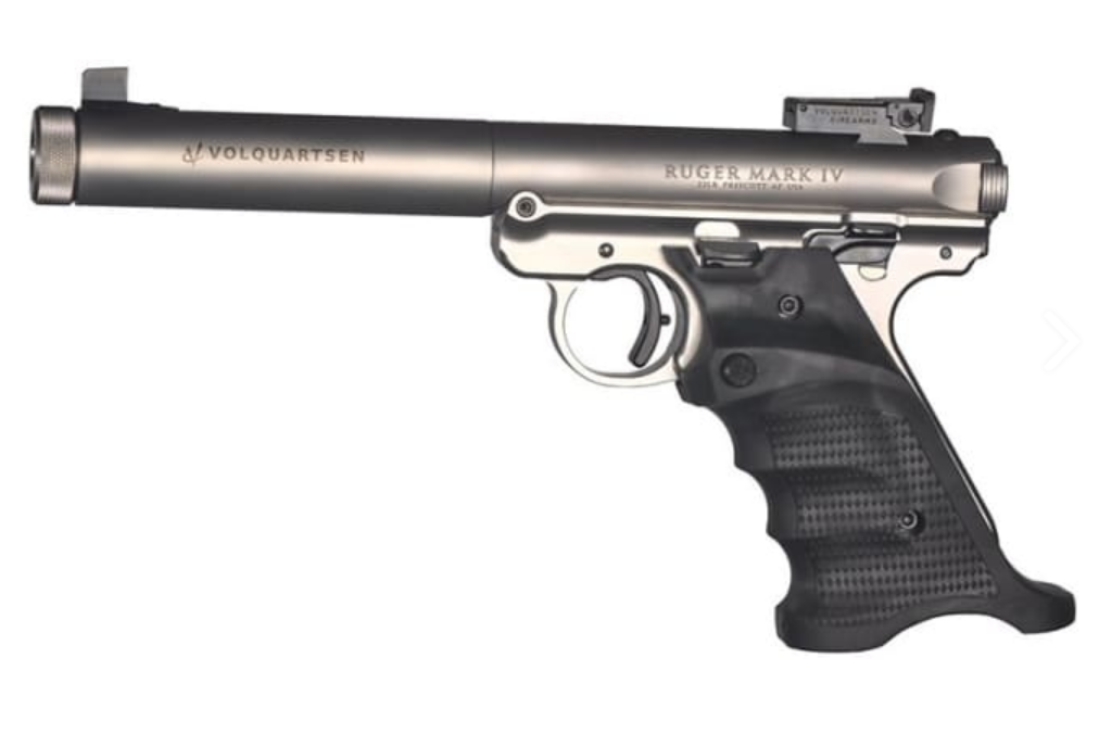 VOLQUARTSEN CLASSIC TARGET 22LR, 10 SHOT CASED 6 INCH MATCH BARREL THREADED MUZZLE MKIV PUSH BUTTON TAKE DOWN ASSEMBLY STAINLESS STEEL FINISH RIGHT HAND TARGET GRIP WITH EXTENDED MAG RELEASE
